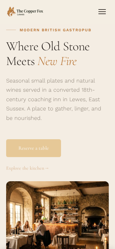 The Copper Fox home page on a phone